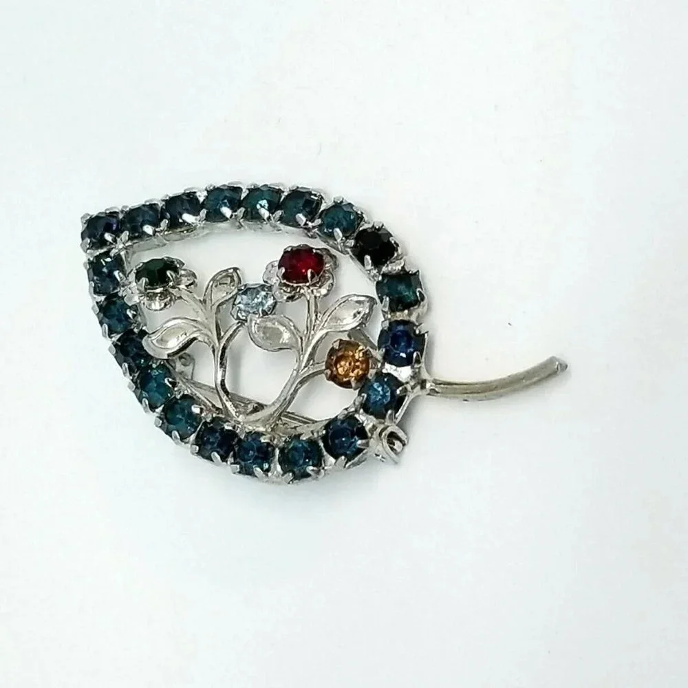 Multi-Color Rhinestone Birthstone Flower Leaf Pin